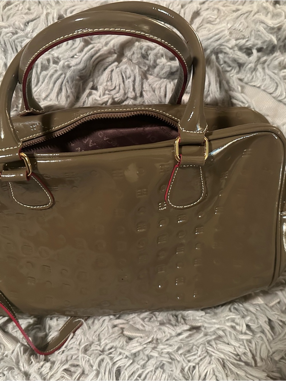 Arcadia Olive Patent Satchel with Red-Trim Handles - Picture 4 of 5